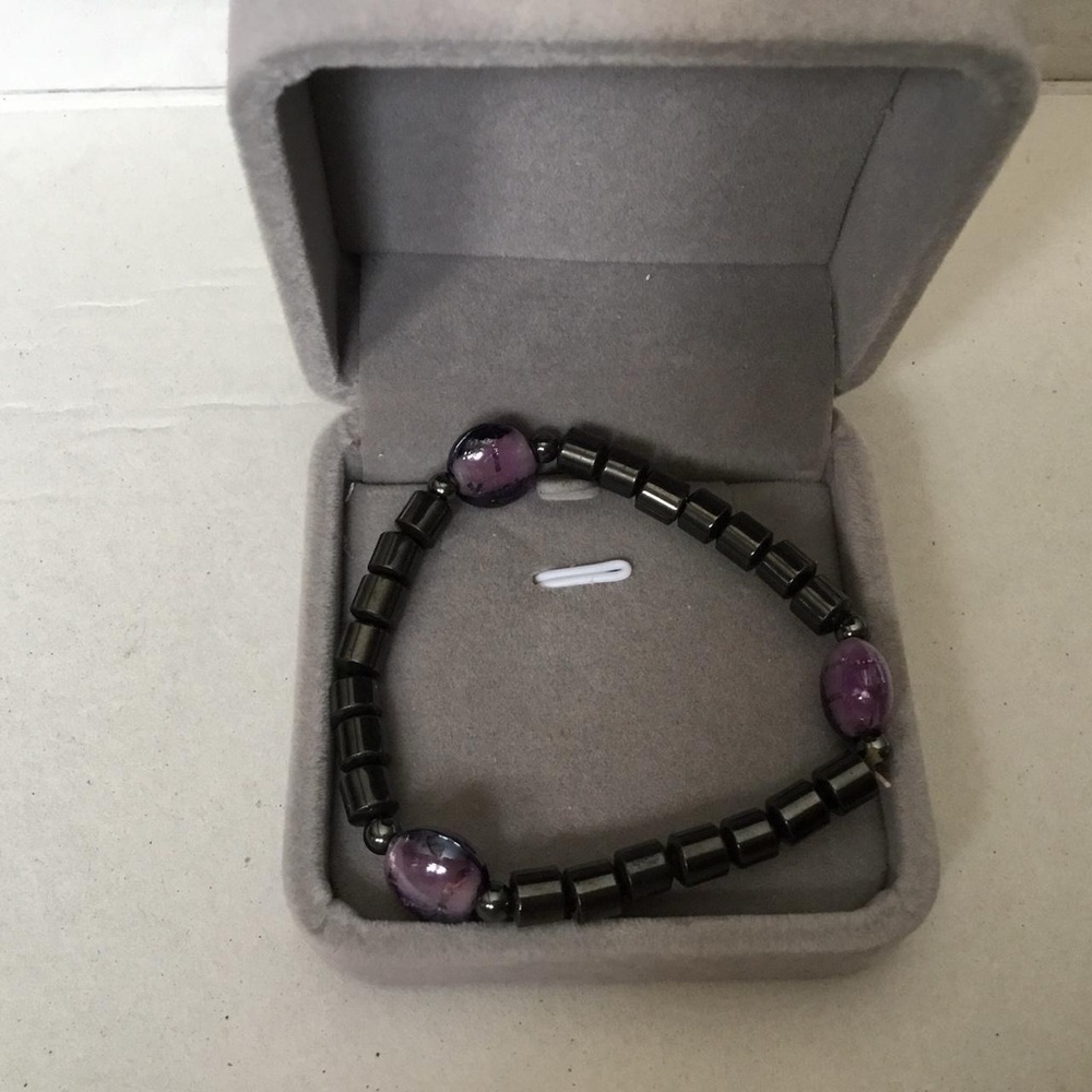 Black Hematite Purple Beaded Bracelet with Amethyst Accents